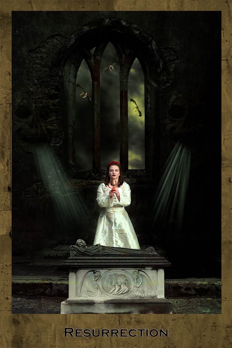 Alter, church ruins, female model, blood, dark Tarot, Resurrection tarot card