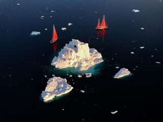 Aerial view of red sail boats and Icebergs.